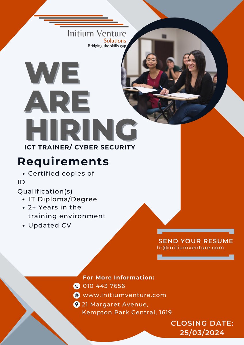 We are urgently looking for an ICT Facilitator at our offices based in Kempton Park. Start date is April 2024, please share this post to reach qualifying individuals.