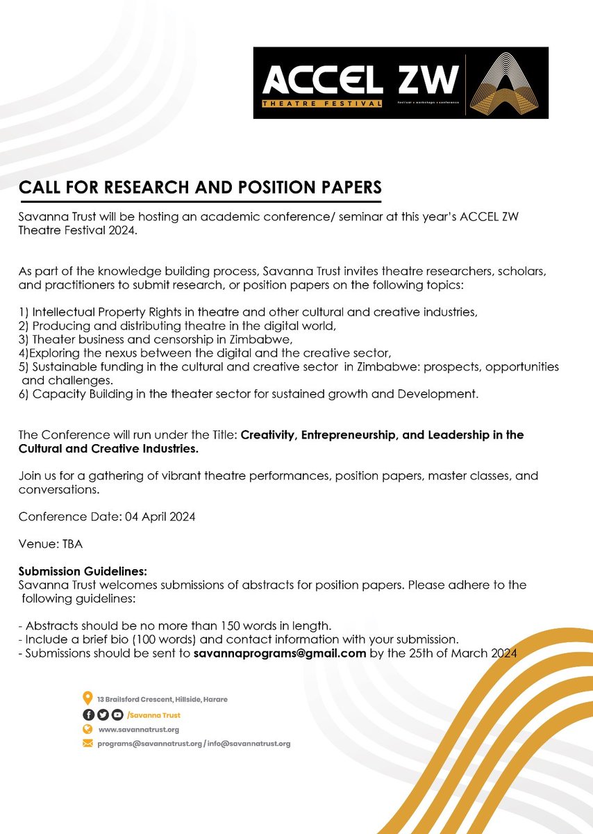 Are you a theatre researcher, scholar or practitioner who has undertaken research, and released publications on the cultural and creative sector? If you replied YES, then be part of the movement aimed at building a sustainable, viable and thriving cultural and creative sector.