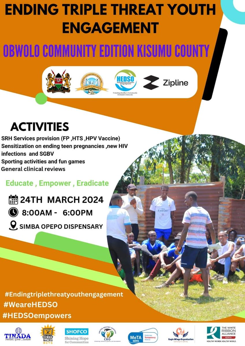 Kisumu East youths are you ready??? This coming Sunday join us at Simba Upepo Dispensary grounds from 8.00am for sporting activities, health talks and services! Ma Youths tuko na form🤗 Tell a friend to tell a friend! #endingtripplethreat #youthengagement