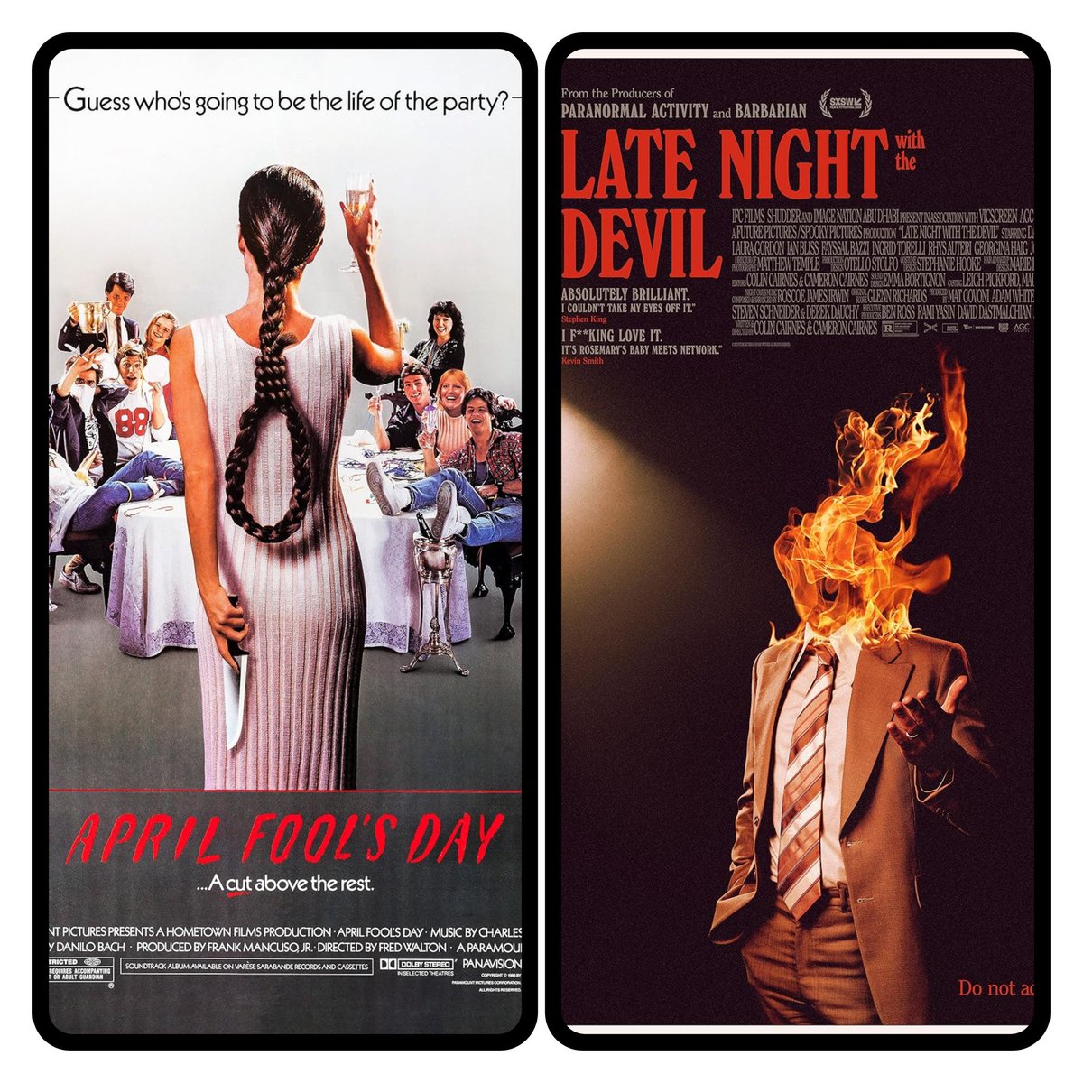 Favourite horror film posters? It's hard to beat #Aprilfoolsday but #LateNightWithTheDevil is a brand new favourite too... #horror #horrorfilms #horrorposters #LateNightWithTheDevil #HorrorCommunity