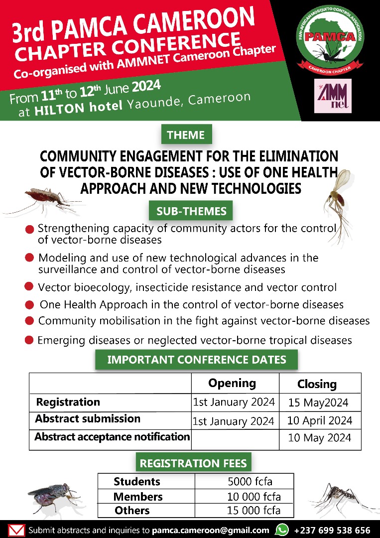 🛑🛑🛑 20 days left !!! 3rd @CameroonPamca Chapter #CONFERENCE Co-organised with @AMMnetwork #Cameroon Submit your abstracts to pamca.cameroon@gmail.com 🎯Apply and share @CameroonPamca @AMMnetwork @pamcafrica @Pamca_Wivc @cam_crid @MESAmalaria @GlobalVectorHub @cibith_org