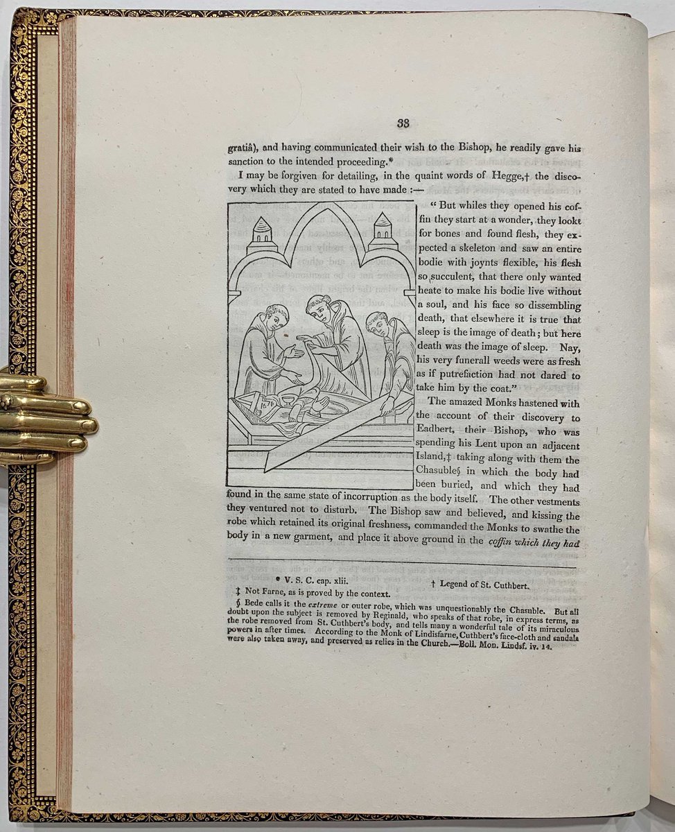 incunabula's tweet image. Today, March 20th, is the Feast Day of St Cuthbert, the patron saint of Northumbria.
Here is Raine's account of the discovery of St Cuthbert's Gospel in 1104, when the coffin of St Cuthbert (d. 687), bishop of Lindisfarne, was opened at Durham Cathedral.
This Gospel Book is…