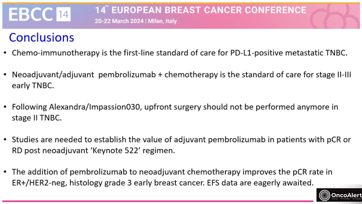 Just Presented at DAY 1 #EBCC14 🇮🇹Milan by chair @MIgnatiadis 🇧🇪 of @JulesBordet on CPI's Based on the pivotal Keynote522 trial, neoadjuvant/adjuvant  pembrolizumab + chemotherapy is the standard of care for stage II-III early #TNBC Following Alexandra/Impassion030, upfront…