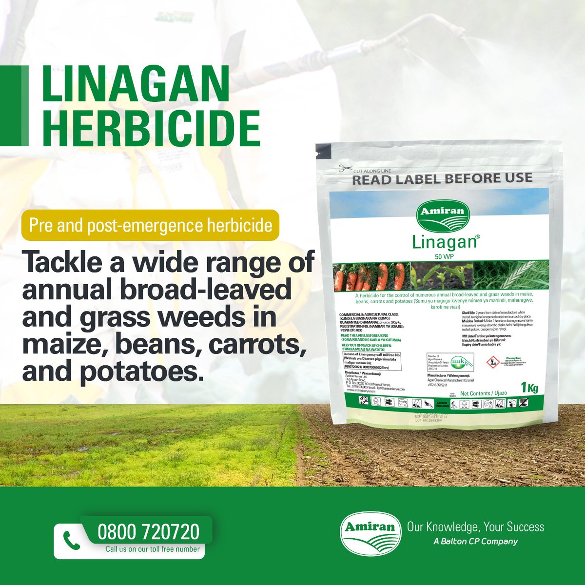 Linagan ni dawa dhabiti ya kuangamiza magugu kwenye mimea ya mahindi, maharagwe, karoti na viazi. LINAGAN is a pre and post-emergence control herbicide. Perfect for tackling a wide range of annual broad-leaved & grass weeds in maize, beans, carrots, and potatoes. 📞 0800720720.