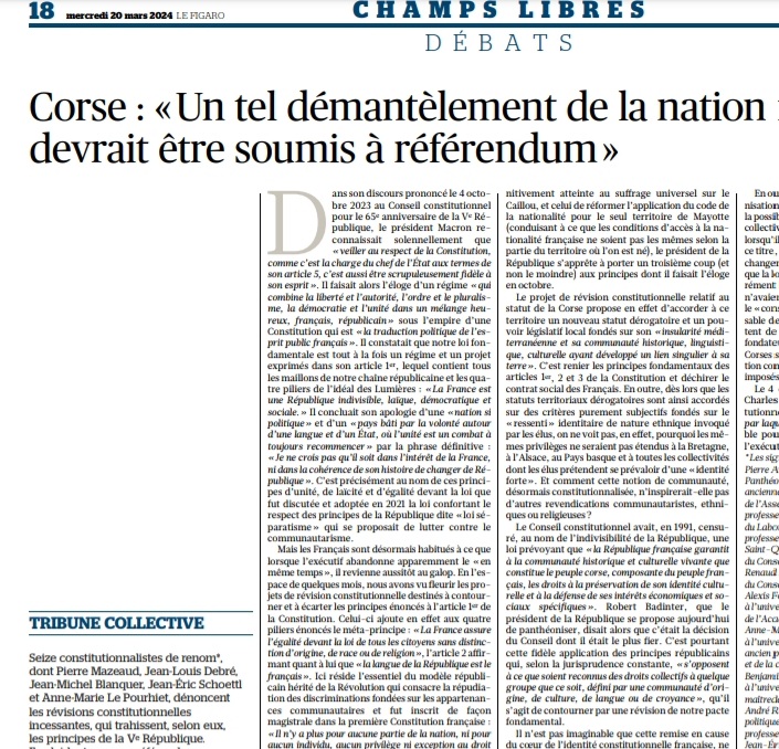 A lire dans le @Le_Figaro de ce 20 mars ⬇️ 'Corse : un tel démantèlement de la nation française devrait être soumis à #référendum'