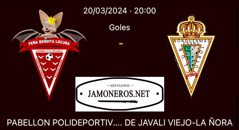 ⚔️ 𝗠𝗔𝗧𝗖𝗛𝗗𝗔𝗬 ⚔️

Hoy, Miércoles 20 de Marzo, nos enfrentamos a nuestros amigos de <a href="/NonduermasGrana/">Nonduermas Grana</a> en la J12 de Liga <a href="/feperealmurcia/">FEPEMUR</a>.

⏱️20:00h✔️
📍Pab. Javalí Viejo (La Ñora)✔️

VAMOS BENDITOS LOCOS💪❤️🤍

<a href="/comprarjamonero/">Inmaculada Garrido</a> #BenditaLocura #Murcia #Fepemur
<a href="/P_BenditaLocura/">Peña Bendita Locura</a>