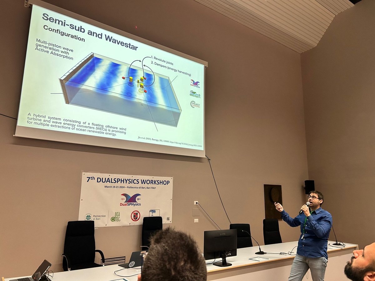 DualSPHysics's tweet photo. First delegates' talk during #7DSW is giving by Dr Bonaventura Tagliafierro feom @la_UPC on "Latest outcomes of DualSPHysics' use in renewable energy simulations"
#WECs #FOWTs https://t.co/IJ4e894oJb