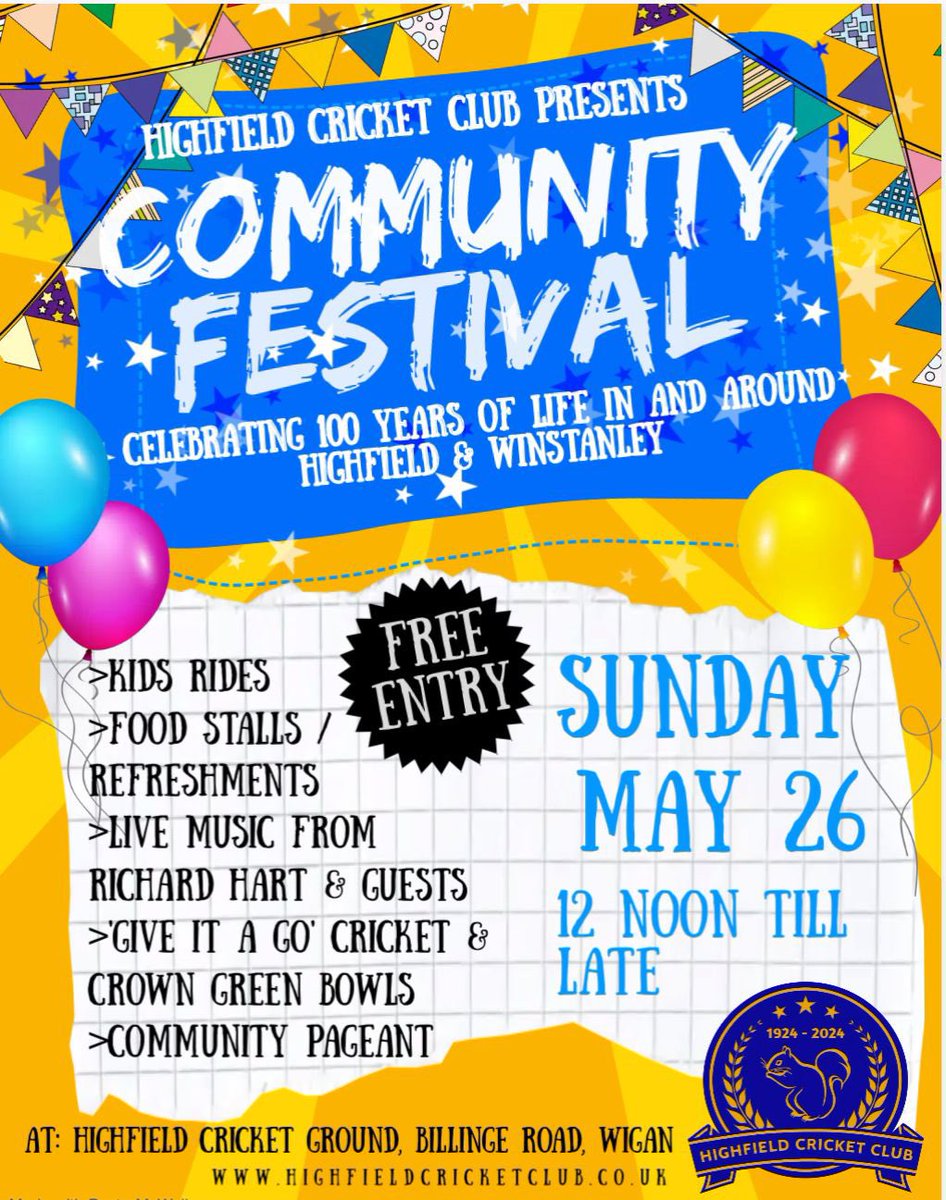 100 years ago on 3 May 1924, Highfield Cricket Club played its first game on the newly developed Billinge Road ground. On May 26th, we are holding a Community Festival, a free admission event designed to celebrate 100 years of life in and around Highfield and Winstanley. 🐿️🏏👌