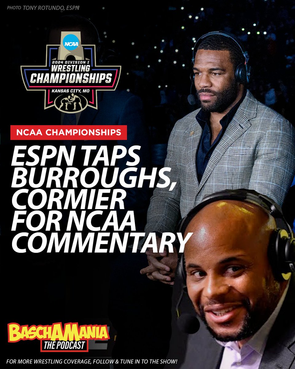 Justin Basch (@justinjbasch) on Twitter photo ESPN announced the commentator team for NCAA's will feature former <a href="/ufc/">UFC</a> Heavyweight Champion and <a href="/NCAAWrestling/">NCAA Wrestling</a> All-American <a href="/dc_mma/">Daniel Cormier</a> and two-time NCAA champion, six-time world champion and Olympic gold medalist <a href="/alliseeisgold/">Jordan Burroughs</a>. ESPN announced the commentator team for NCAA's will feature former <a href="/ufc/">UFC</a> Heavyweight Champion and <a href="/NCAAWrestling/">NCAA Wrestling</a> All-American <a href="/dc_mma/">Daniel Cormier</a> and two-time NCAA champion, six-time world champion and Olympic gold medalist <a href="/alliseeisgold/">Jordan Burroughs</a>.