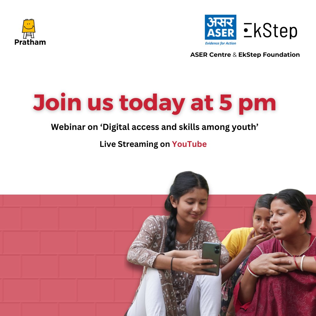 HAPPENING NOW! Join us at 5 pm on our Youtube channel: lnkd.in/d_EAqV74 Listen to our speakers discuss 'Digital access and skills among youth' using evidence from ASER 2023.