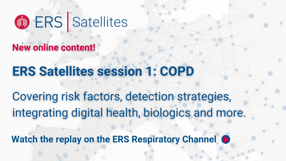 Available now on the ERS Respiratory Channel…

#ERSSatellites 2024: COPD

Watch as the experts discuss:

- Risk factors for COPD
- COPD detection strategies
- Integrating digital health in integrated COPD care
- Biologics in COPD

Watch: bit.ly/43giwJO