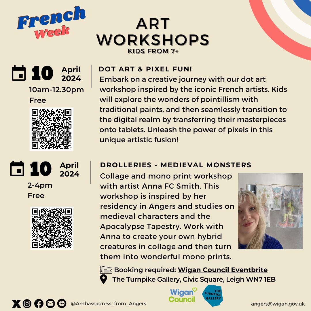 Amb_AngersWigan's tweet photo. [ART WORKSHOPS]
Calling all young artists aged 7+! Join us for two exciting art workshops at @theturnpikegall 🎨✨ 🖌️

👉 https://t.co/jYYrY31Sb1

#KidsArtWorkshops #TheTurnpikeGallery #FrenchWeek #Wigan #Leigh #Hindley https://t.co/CtIWu7GOKx