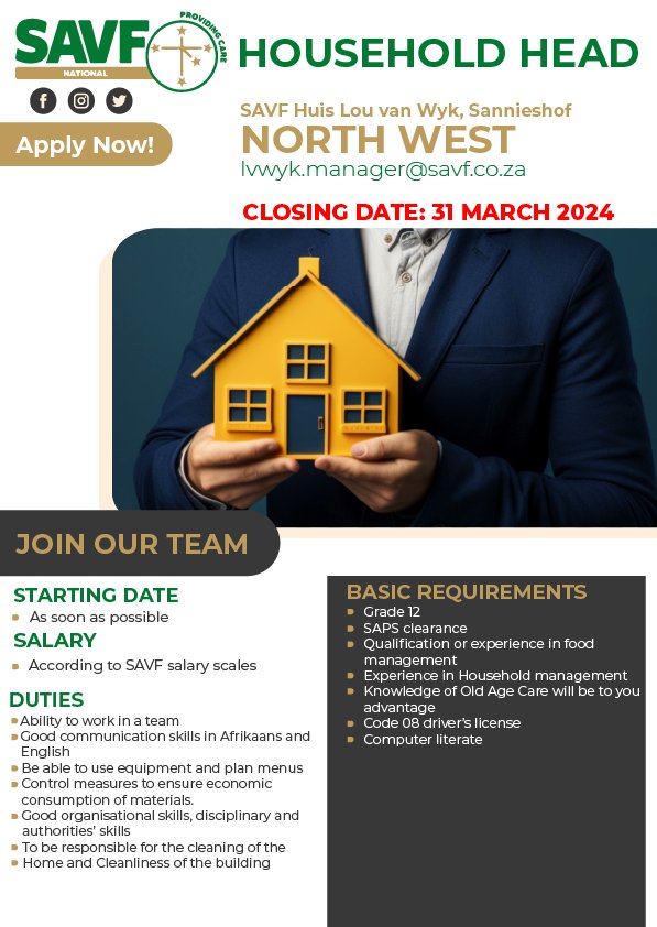 SAVF2's tweet photo. Join our team at SAVF Huis Lou van Wyk in Sannieshof, North West! We're on the lookout for a Household Head to start ASAP! 
Applications close 31 March 2024. Apply now at lvwyk.manager@savf.co.za or visit https://t.co/Vh4XlBRv4K.
#JobOpportunity #NorthWestJobs #JoinOurTeam https://t.co/yaG7cX90WC