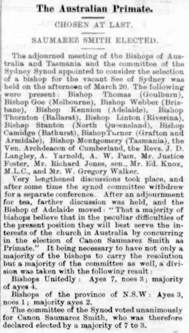 AustAnglican's tweet photo. 20 March 1890: William Saumarez Smith (1836-1909) elected Bishop of Sydney and Primate of Australia. A complex process involving cooperation between the Australian bishops and a committee of the @SydAnglicans Synod as the two roles were linked. #anglican #134years https://t.co/vudo9uWeoJ
