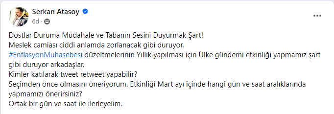 Başlıyoruz!
Dostlar Duruma Müdahale ve Tabanın Sesini Duyurmak Şart!
Meslek camiası ciddi anlamda zorlanacak. Net!
#EnflasyonMuhasebesi düzeltmelerinin Yıllık yapılması için Ülke gündemi etkinliği yapmamız şart gibi duruyor arkadaşlar.
Kimler katılarak tweet retweet yapabilir?