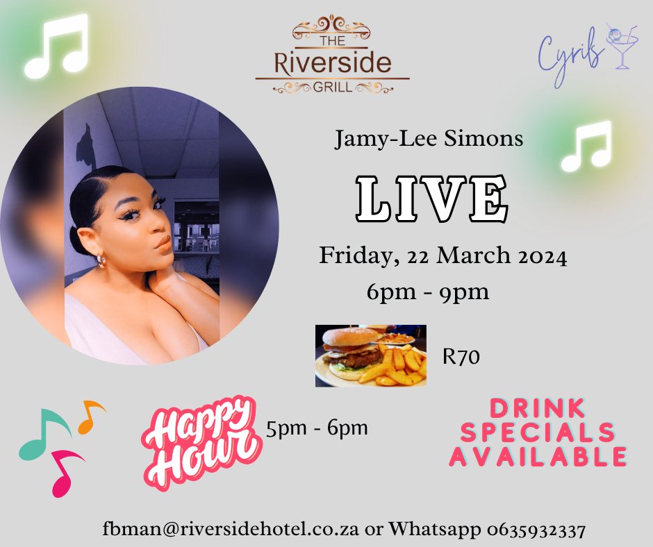 Get ready to see Jamy-Lee Simons live at The Riverside Grill Durban North! Happy hour from 5pm-6pm and music from 6pm -9pm! Book your tables by contacting fbman@riversidehotel.co.za or whatsapp 063 593 2337. #riversidegrill #music #happyhour #burgerandchips #DrinksSpecials