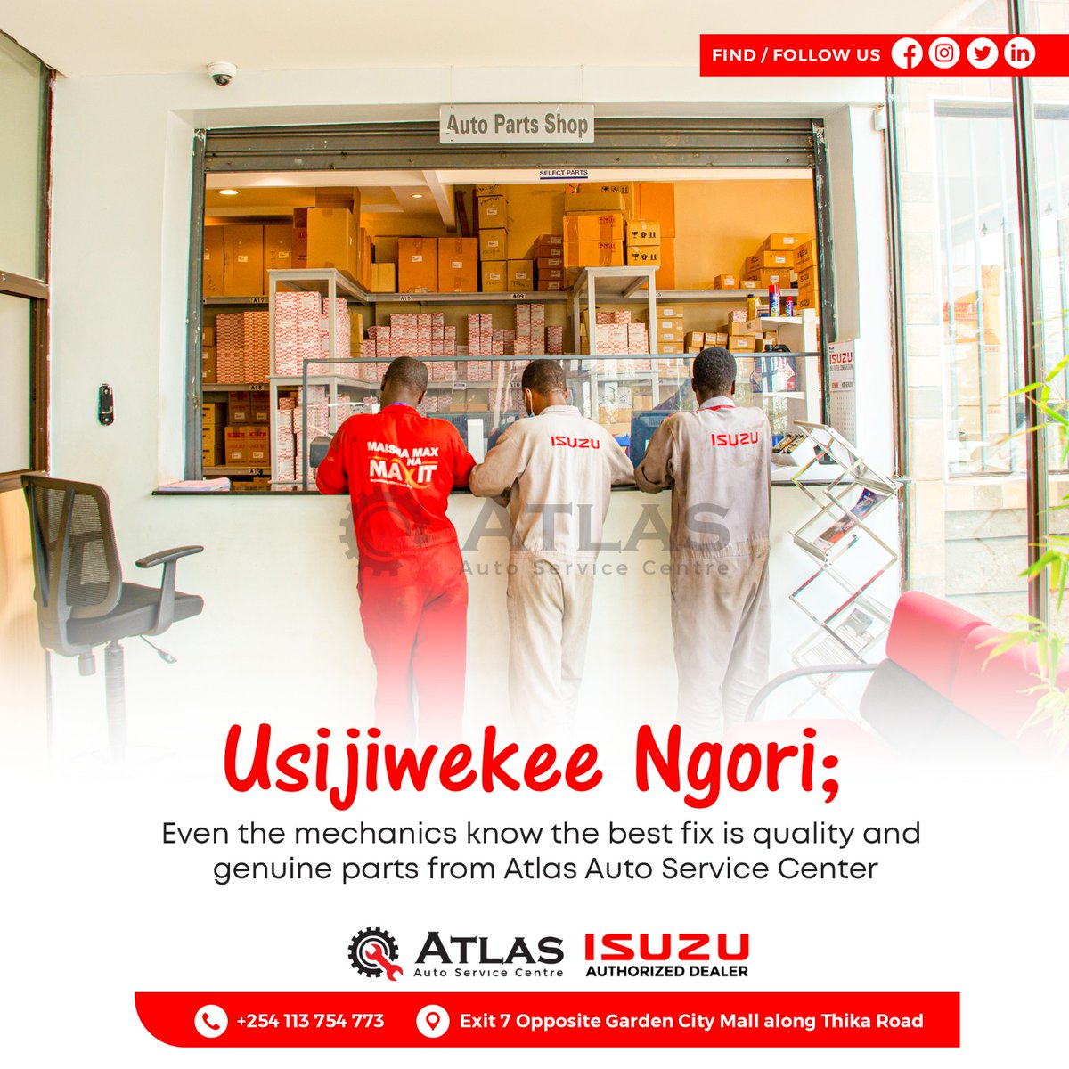 What's the best fix for your car? Our mechanics say quality, genuine parts from Atlas Auto Service Centre! 🔧🛠️Agree? Let us know in the comments! #howcanwehelp #garage #isuzuxtay  #Genuinesolutions #AtlasAutoCentre #CarCare #Nairobi #Haitian #SingleKiasi #BrianChira #Kenyans