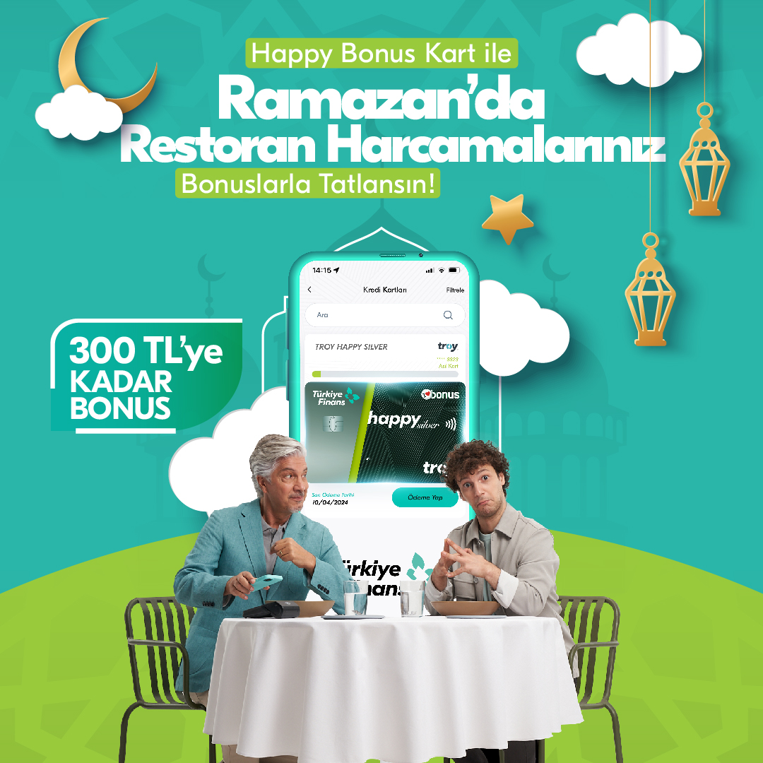 Ramazan’da restoran harcamalarınıza 300 TL’ye kadar bonus fırsatı Happy Kart’ta!🤗 Ramazan Bayramı sonuna kadar farklı günlerde tek seferde yapacağınız 2.000 TL ve üzeri her restoran harcamasına 60 TL, toplamda 300 TL bonus sizi bekliyor!