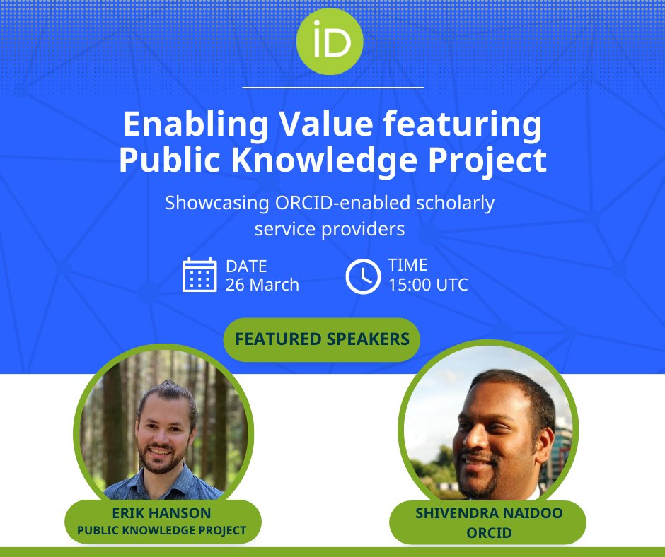 📢 Speaker announcement: Erik Hanson, Systems Developer @pkp, join us for Enabling Value on 26 March to discuss the ORCID Certified Services OJS and OPS with ORCID Senior Engagement Lead Shivendra Naidoo. Register here ➡️ bit.ly/4bHpQ4Q