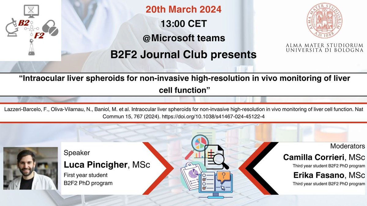 Hi everyone. Don't miss the #Journalclub2024 appointment, today on Teams at 1pm. Our first-year student Luca Pincigher will present the article 'Intraocular liver spheroids for non-invasive high-resolution in vivo monitoring of liver cell function'. doi.org/10.1038/s41467….