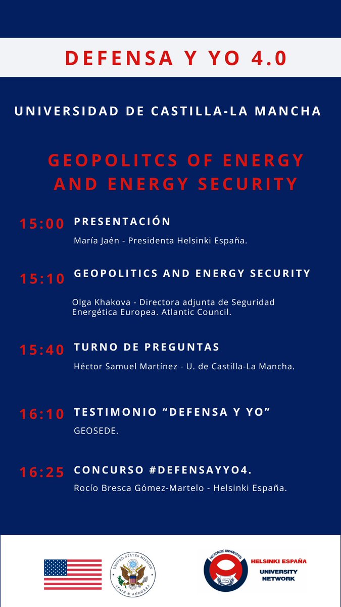 Continuamos con la segunda semana de conferencias de #DefensayYo4. En esta ocasión, la @uclm_es dará la bienvenida a @OlgaKhakova para que hable acerca de la geopolítica de la energía y su seguridad. @USembassyMadrid @USConsulateBCN @helsinkiespana