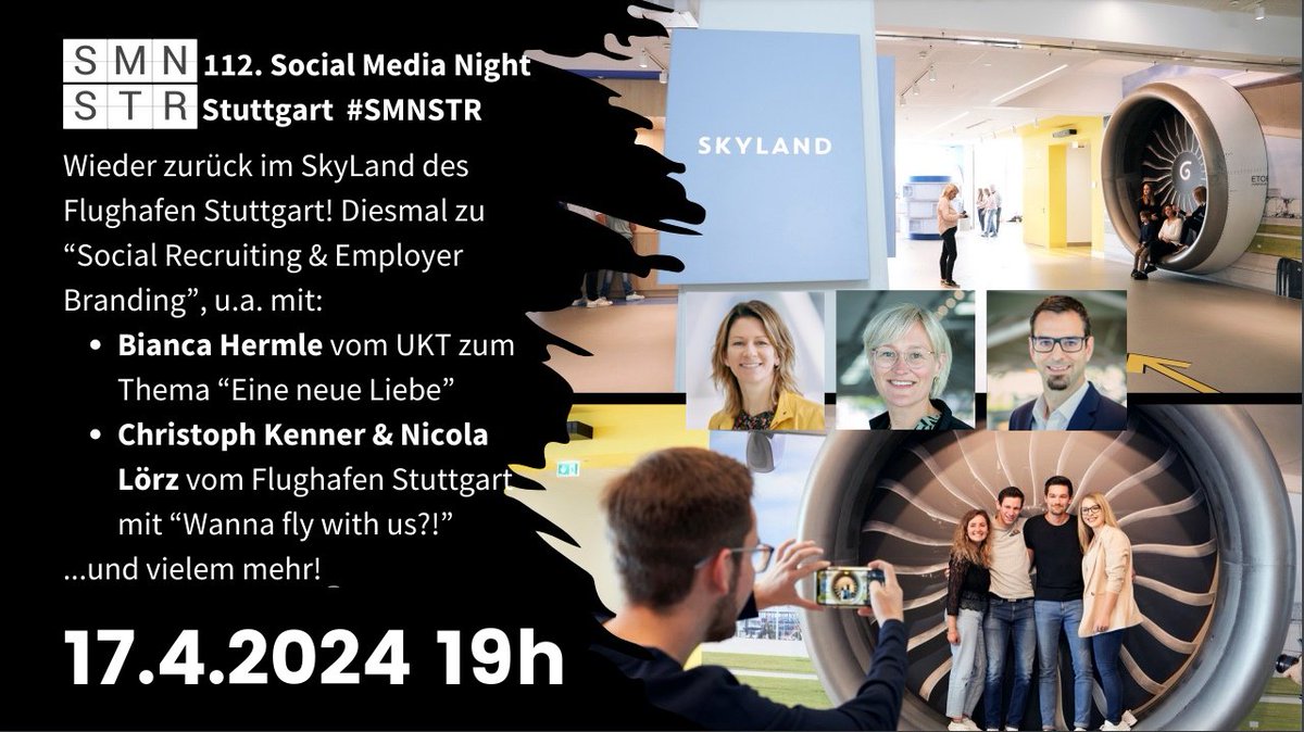 Am 17.4.2024 gibts die nächste #SocialMediaNight #Stuttgart für euch! Diesmal wieder im @STR_Airport, und mit dem Top-Thema #SocialRecruiting & #EmployerBranding!
Mehr zum Event und Tickets dazu: pretix.eu/SocialMediaNig…