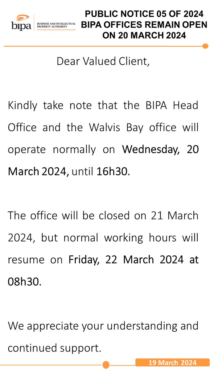 PUBLIC NOTICE 05 OF 2024 BIPA OFFICES REMAIN OPEN ON 20 MARCH 2024
