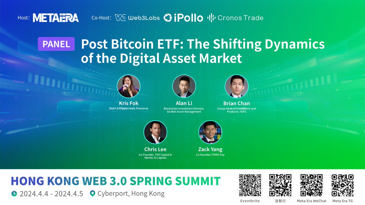 🎉Unveiling the Current State and Future of Bitcoin ETF, Prominent Guests to Join Panel at HK Web 3.0 Spring Summit 'Post Bitcoin ETF: The Shifting Dynamics of the Digital Asset Market ' panel will be held on April 5th at Cyberport in Hong Kong.