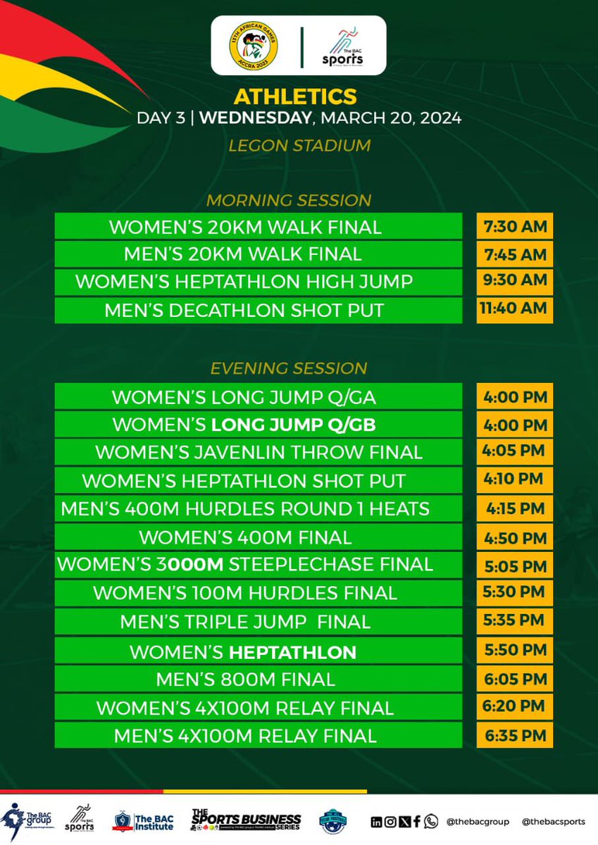 African Games: Today’s Schedule for Athletics.

🇬🇭Team Ghana will compete in both men’s and women’s 4x100m relay final.

#TheBACSports #AfricaGames