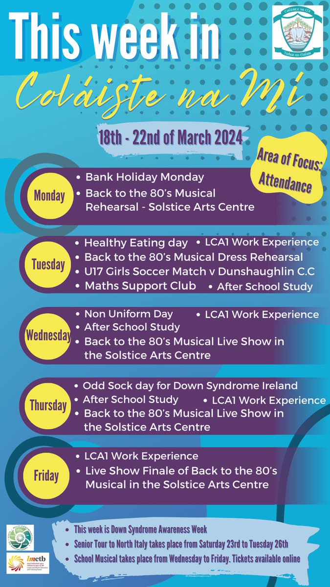 Coláiste na Mí’s weekly calendar - 18th to 22nd of March 2024. #thisweekincoláistenamí #eventsthisweek