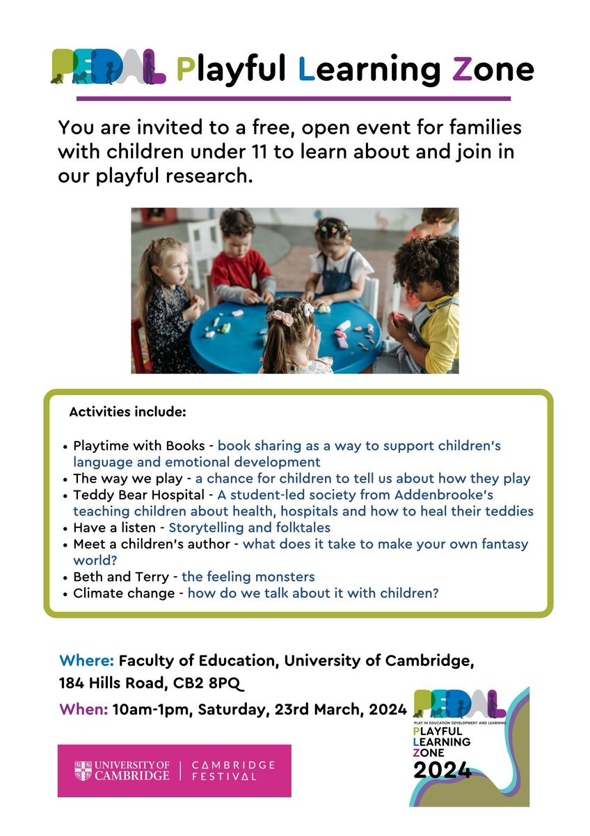 This weekend as part of @Cambridge_Fest we are running our Playful Learning Zone 🗺️ Faculty of Education, Hills Road @CamEdFac 📆 Saturday 23rd March ⏲️ 10-1pm Children and their families are invited to play, learn more about our playful research and share their own ideas.