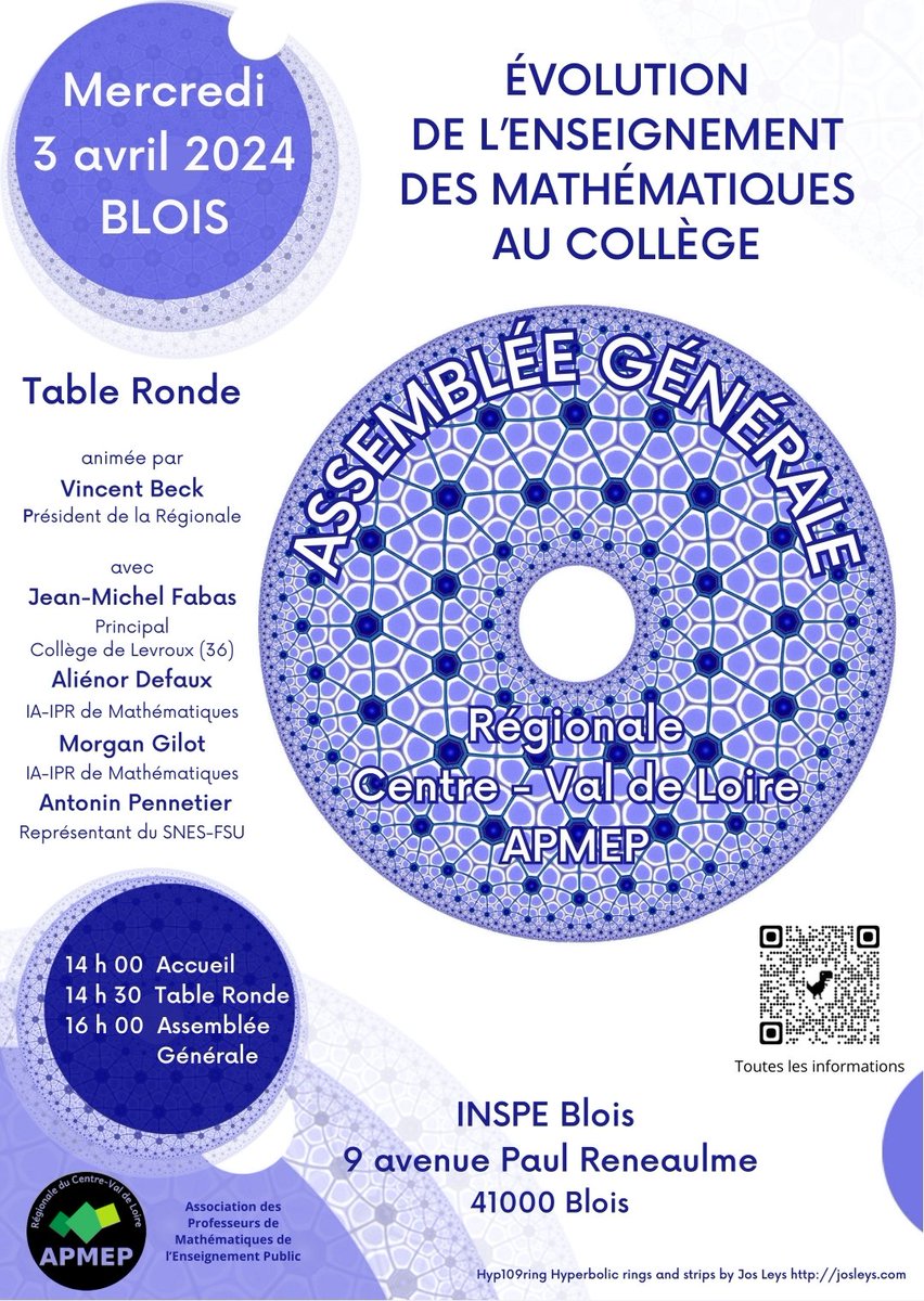 📢 Save the date :
 🗓️3 avril 
🏁 Blois
❓l'évolution de l'enseignement des maths 
⌚14h-16h
🎯 Table ronde avec Perdir, IA-IPR, SNES pour poser toutes vos questions
 ⌚16h
🎯 AG