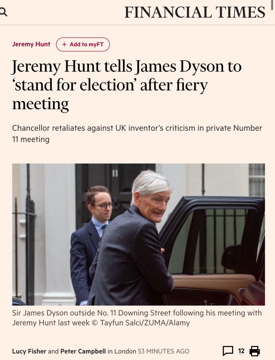😤 So big brexiteer James Dyson who backed Brexit had a fiery meeting with @Jeremy_Hunt 😡 Wait for it, he’s frustrated by Brexit brain drain causing a “crippling shortage of qualified engineers” and Brexit induced “rocketing corporation tax”. 🙄 Shame he didn’t listen to the