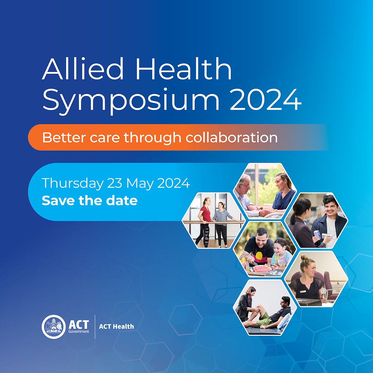 The 2024 Allied Health Symposium ‘Better care through collaboration’ will be held on Thursday 23 May 2024. If you are an ACT public sector allied health professional or assistant, please save the date for this important event. More information health.act.gov.au/health-profess…