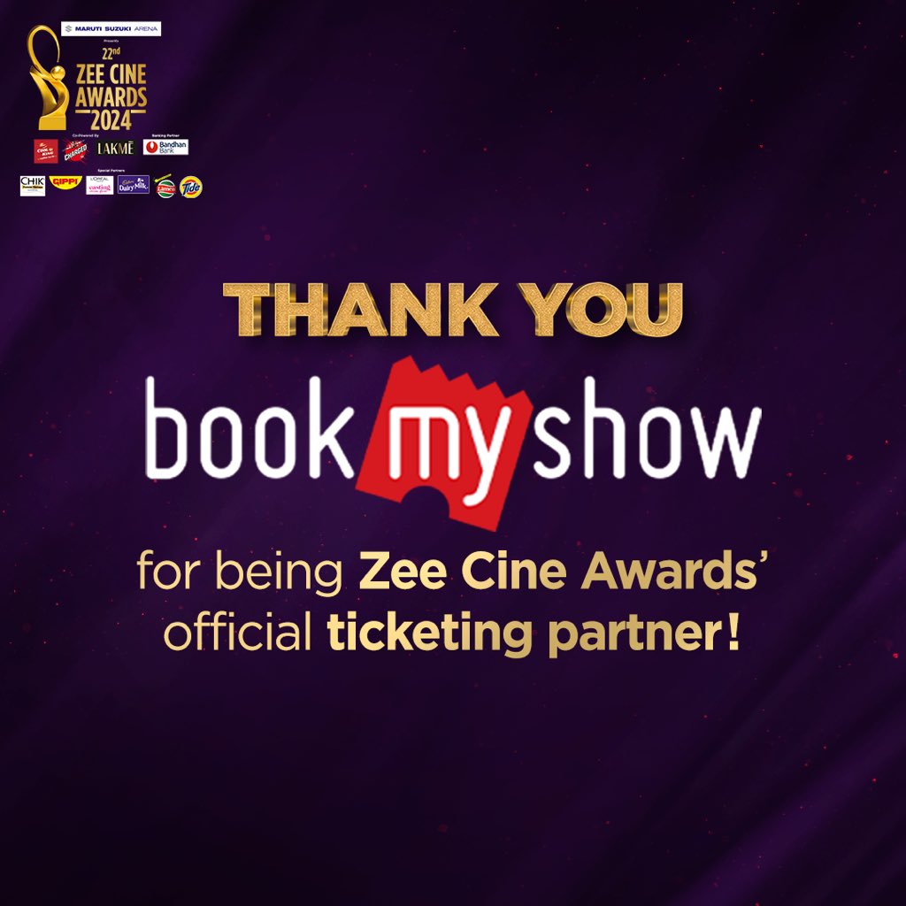 Big shoutout to our ticketing partner, @BookMyShow, for ensuring a seamless experience at the Zee Cine Awards. 🫶🏻 Watch Maruti Suzuki Arena presents 22nd #ZeeCineAwards2024 on Zee5 now. #TheGreatestShowOnEarth #CelebratingCinemaWithZCA #MarutiSuzukiArenaZCA #TicketingPartner