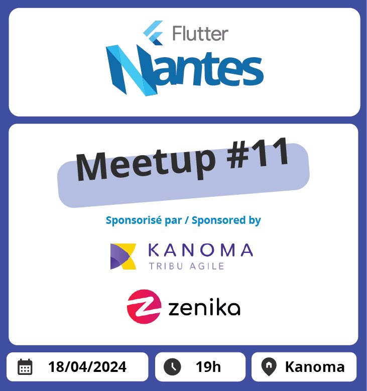 Notre prochain Meetup aura lieu le 18 avril 2024 à 19h00, chez @kanoma_it ! Places limitées, inscription obligatoire : meetup.com/flutter-nantes… N'attendez plus, inscrivez-vous dès aujourd'hui !