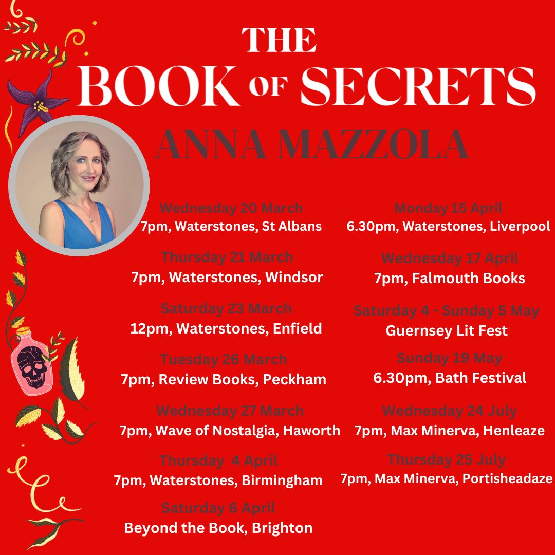 My new novel is out tomorrow, which is frankly terrifying. Please come launch it with me. St Albans Waterstones 20 March Windsor WTS 21 March Enfield WTS 23 March Review Books Peckham 26 March Wave of Nostalgia Yorks 27 March annamazzola.com/news/ #TheBookofSecrets