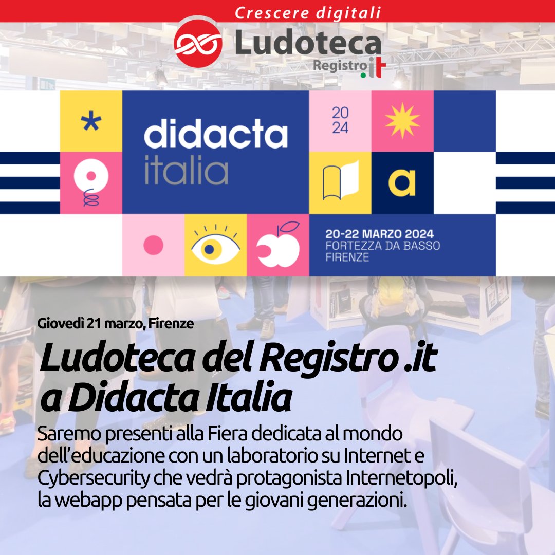 LudotecaIt's tweet photo. A #Firenze è iniziata @FieraDidactaITA, la fiera dedicata al mondo dell'educazione. Anche noi di Ludoteca del Registro .it saremo presenti, con un laboratorio dedicato a Internetopoli, la nostra webapp pensata per educare alla consapevolezza su Internet e la Cybersecurity https://t.co/JQXTjuwGBt