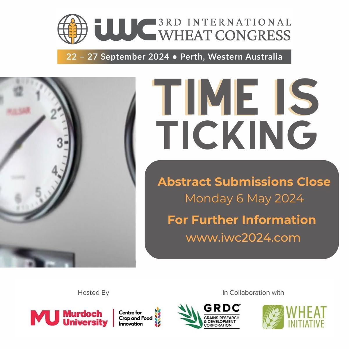 '🌾 Unleash your wheat wizardry at the #iwc2024perth in vibrant Australia! ⏰ Time is ticking, don't miss the deadline for abstract submissions on Monday 6 May 2024! 📝🗓️ Get all the juicy details at iwc2024.com and be part of the groundbreaking event.