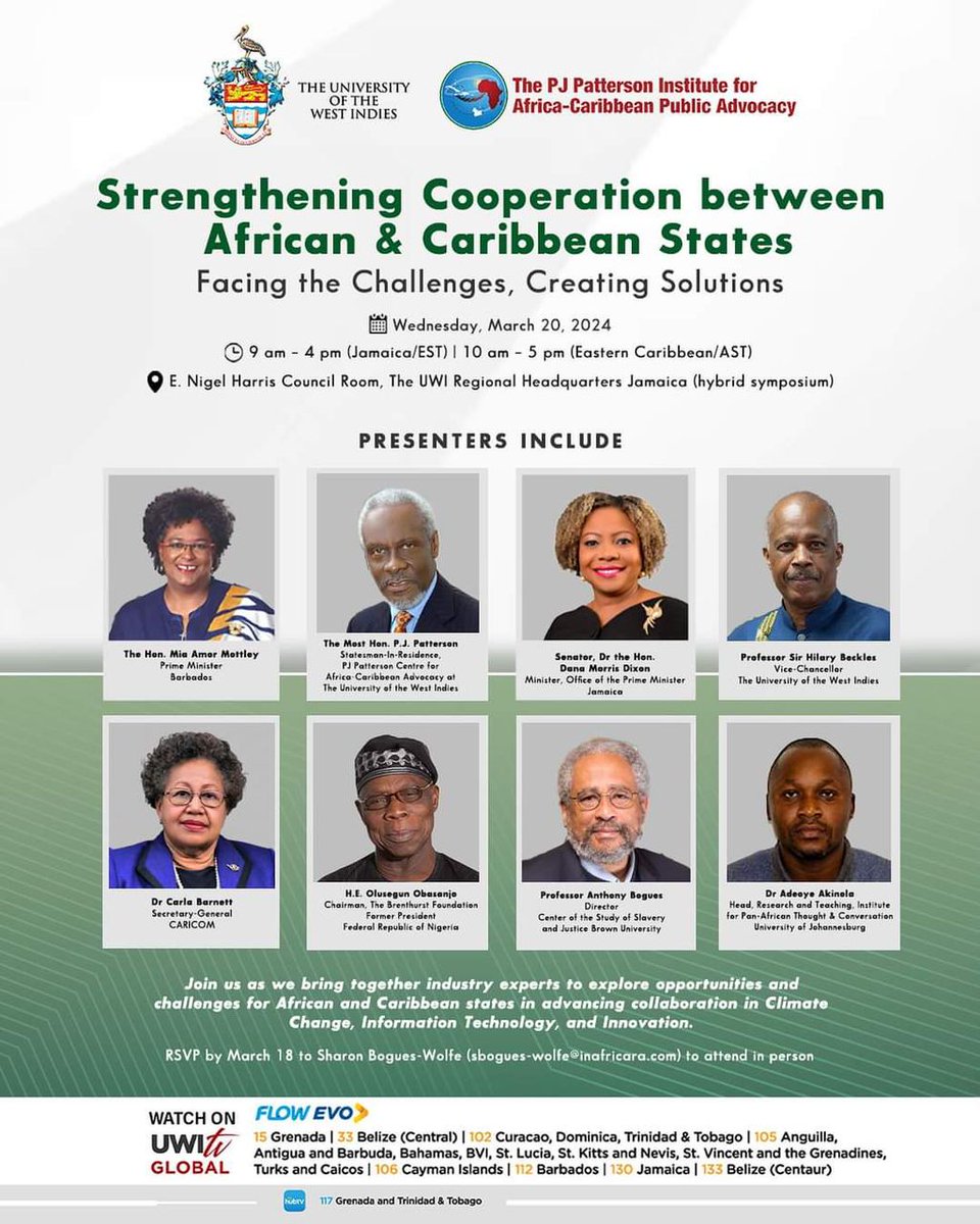 Don't miss out on today's incredible opportunity to gain valuable insights on strengthening African and Caribbean states! 
Tune in @ 2pm GMT, March 20, 2024at uwitv.global for this enlightening discussion! 

#AfricanLeadership #CaribbeanStates #Insights #UWITV #RwOT