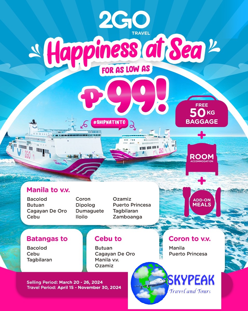 Discover the joys of sailing for as low as P99! Kaya book now and maki-SEAya sa 2GO! ☀️ Pm us at facebook.com/skypeaktravela… #ShipNatinTo #SamaSamaTayoSa2GO #2GOSafeTravels #go2GO #2GOVivaMagenta #2GOMasikap #Skypeak @2go_travel
