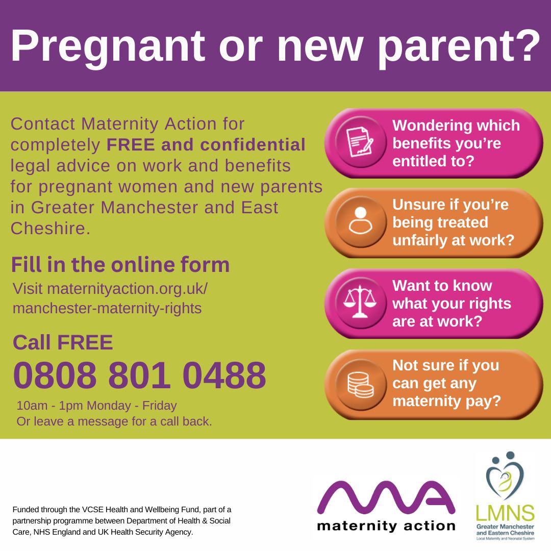 If u live or work in #GreaterManchester or #CheshireEast & are pregnant or a new parent you can contact @MaternityAction for FREE legal advice on work & benefits. 💻Fill in the form maternityaction.org.uk/manchester-mat… 📱Call 0808 801 0488