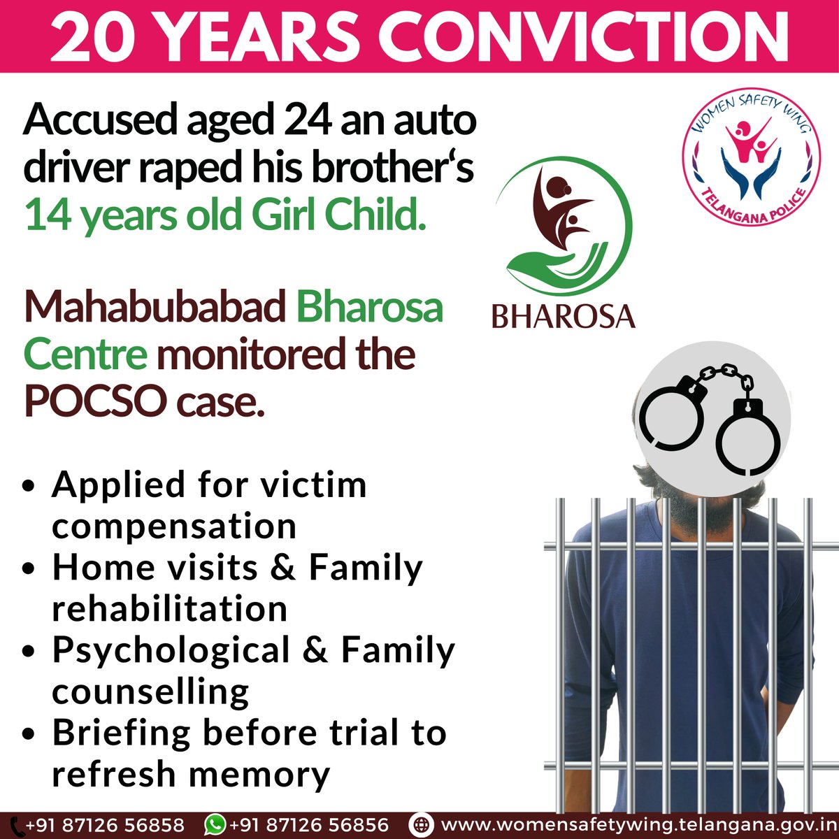 #20YearsConviction No child should be subjected to childhood trauma, but if they are, @Bharosa_TSWSW will always be there to protect them & fight for them until justice is served. #BharosaSupportCenters #Bharosa #Support #Children #Pocsocase #WomenSafetyWing #TelanganaPolice