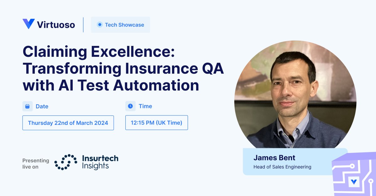 Calling all Insurtech Insights attendees! James Bent will be demoing Virtuoso on the Tech Stage tomorrow at 12.15pm. Be sure to swing by and check it out if all you insurers want to claim excellence, too 😉
#QualityFirst #AI #TestAutomation#InsurTech