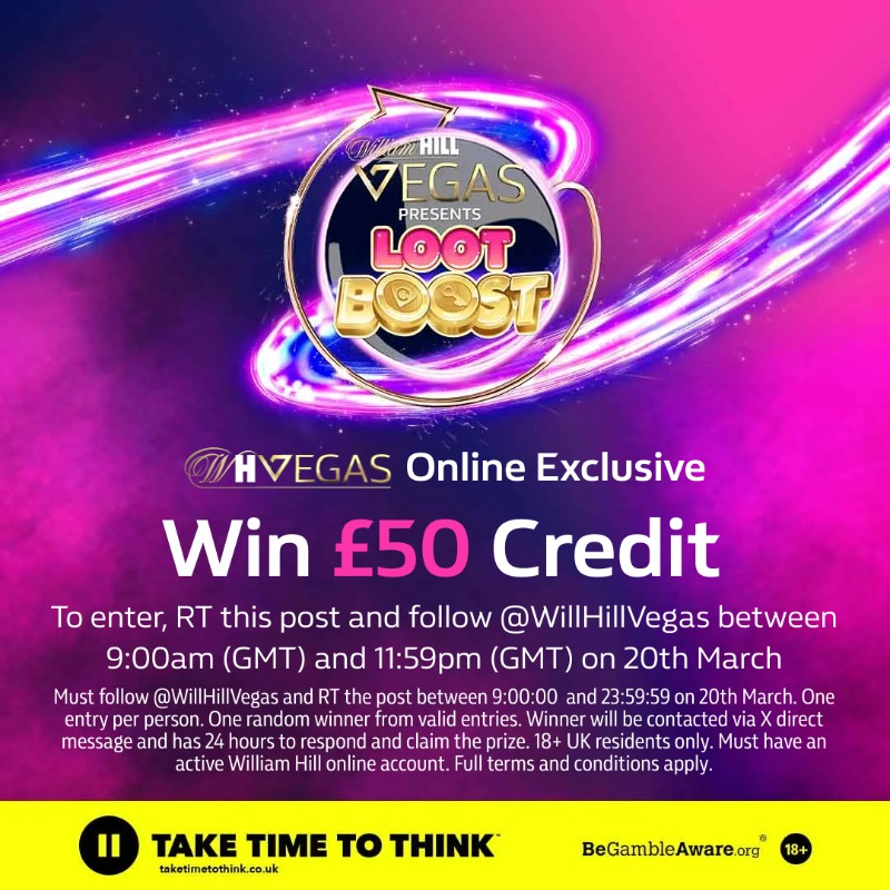 WillHillVegas's tweet photo. 🎉 Win £50 credit to spend online at William Hill 🎉

To enter:

👍 Follow @WillHillVegas
🔁 Retweet this post  

The prize draw will run from 9:00am (GMT) until 11:59pm (GMT) on 20th March.

18+ | T&amp;Cs apply 👇