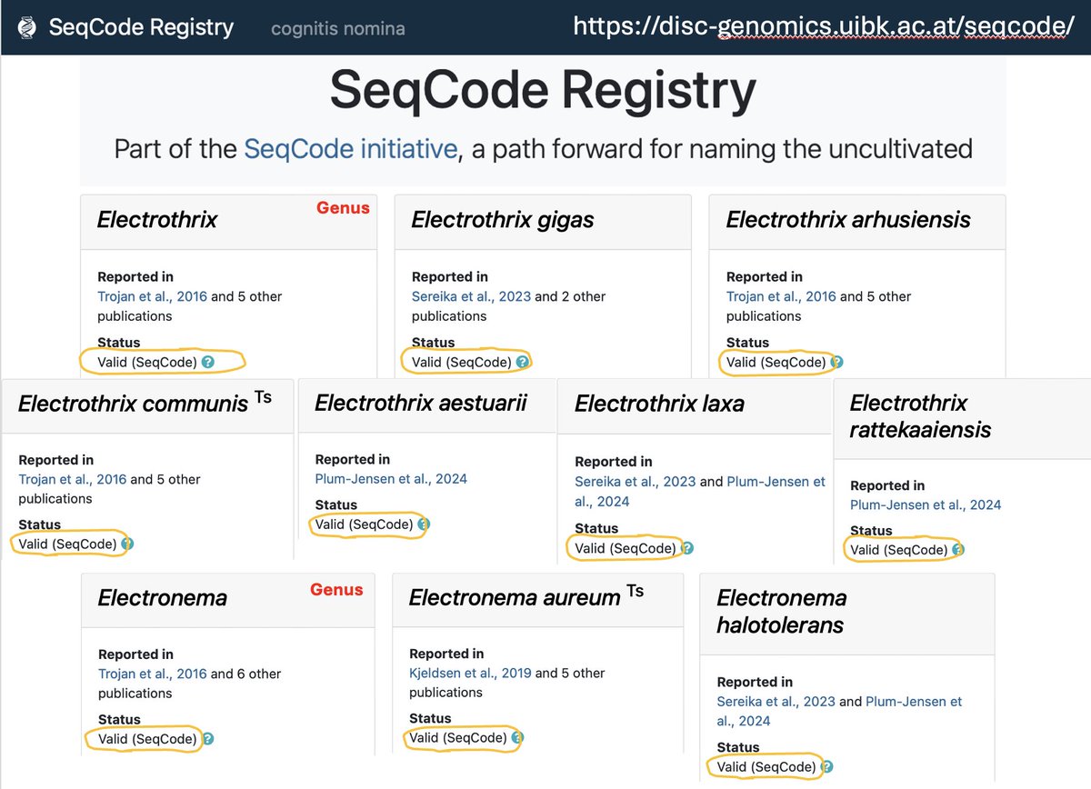 We proudly announce that the 2 genera and 8 species of our beloved cable bacteria have been validated under the rules of the SeqCode, as proposed by our PhD @LeaPlumJensen in her recently published paper doi.org/10.1016/j.syap… Hurray for Electrothrix and Electronema!!