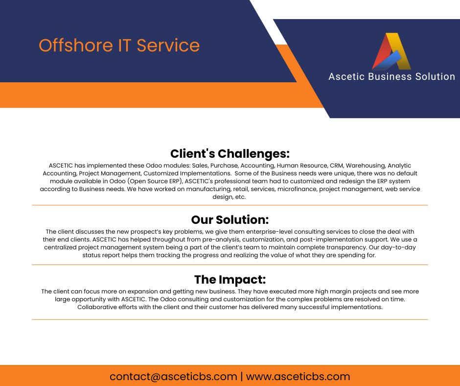 AsceticBs's tweet photo. Ascetic's Remarkable Journey in Providing Outstanding #Odoo Offshore IT Services

Discover the power of strategic outsourcing with Ascetic! Get in touch now: https://t.co/79de0MDDQ9

#OdooVersionUpgrade #OdooConsultancy #OdooMigration #Odoo17 #OdooImplemention #OdooCustomization https://t.co/ET0CblASap