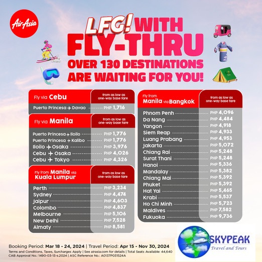 #Skypeak #FlyAirAsia @airasia @AirAsiaFilipino #LFG with FLY-THRU! ✈️🌏 We'll fly you to over 130 destinations from as low as PHP 1,716 one-way base fare. Book now at facebook.com/skypeaktravela…
