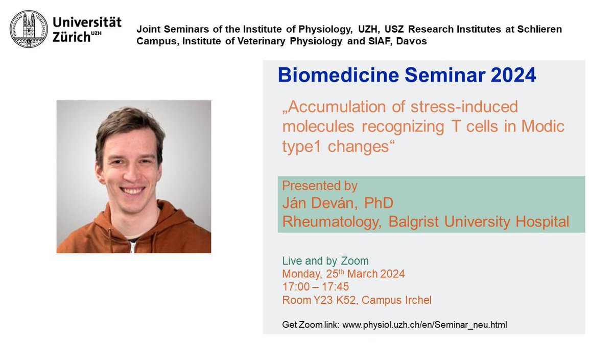 On 25 March, we welcome Dr. Ján Deván (Rheumatology) from the Balgrist University Hospital in the Biomedicine Seminar Series at @uzh_en.
<a href="/derbalgrist/">Balgrist University Hospital</a> <a href="/ModicChanges/">Stefan Dudli</a> #Dudlilab

This joint seminar is hosted by @mikadolab and open to all!

Zoom link: uzh.zoom.us/j/65110053450?…