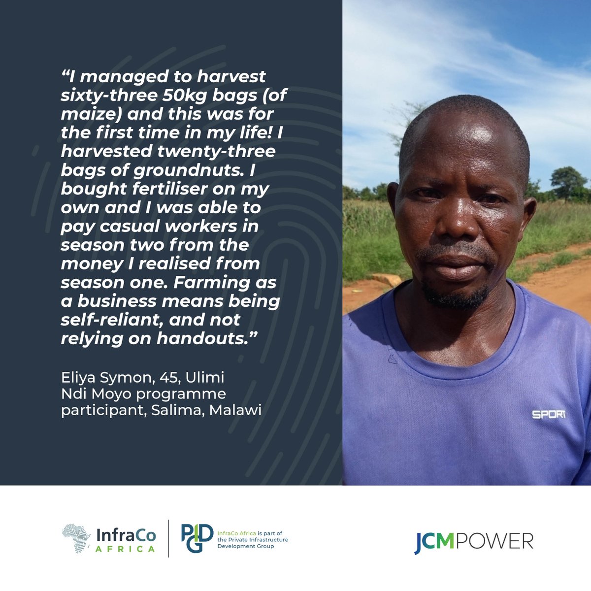 With training and support from @JCMPower's livelihood restoration programme near the Salima Solar plant in #Malawi, Eliya has increased his yields and has reinvested income from season one to support his farming business. #WorldAgricultureDay, @InfracoAfrica @PIDGorg